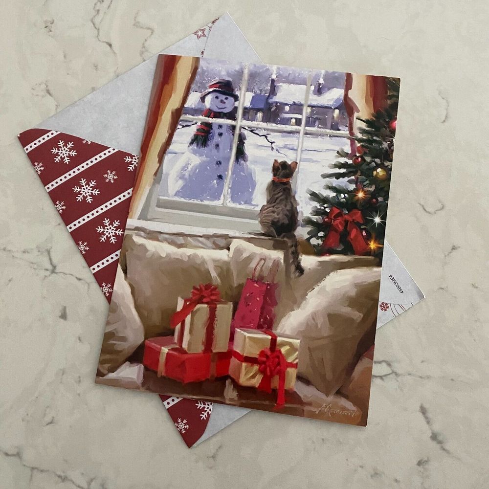 Christmas Greetings Card Cat Watching Snowman Warm Holiday Wishes Humane Society